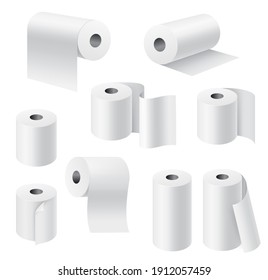 Realistic paper rolls. 3d white towel, toilet tissue on cardboard cylinder, hygiene products kitchen and bathroom accessories collection, different angle view, unwound pieces. Vector isolated set