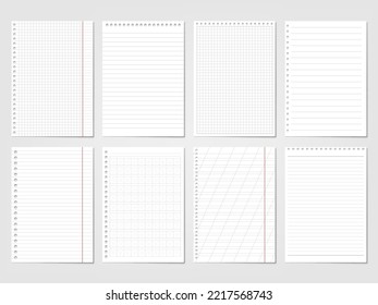 Realistic paper ruled, lined sheets. School pages copybook, isolated blank page with grid. Notebook mockup collection, pithy vector memo elements