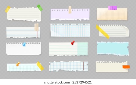 Realistic paper scraps. Long papers torn strips, shredded brochure page torn cardboard tape notebook scrap note border ripped sheet grunge edge collection exact vector illustration original artwork