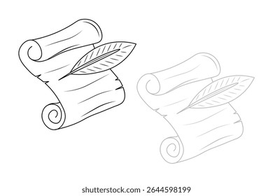 Realistic paper scroll and feather quill pen in ink bottle. Vector curled document and goose nib in inkwell. Old-fashioned document, plume pen, symbol of education, poetry and graduation. icon illustr