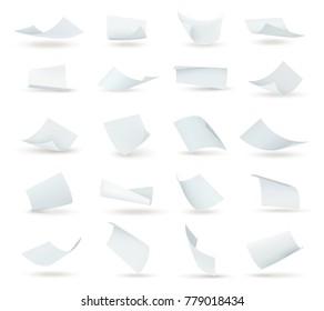 Realistic Paper Set Of Flying Blank White Sheets With Curved Corners Isolated Vector Illustration