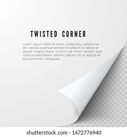 Realistic paper sheet with folded corner. Paper sheet with shadows on transparent background. Vector illustration