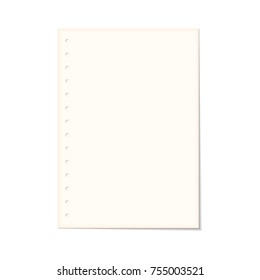 Realistic paper sheet from a notebook with the spiral on white background with shadow, vector illustration.