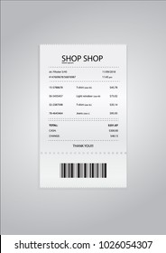 Realistic paper shop receipt with barcode. Vector shop terminal. Shop. Chek