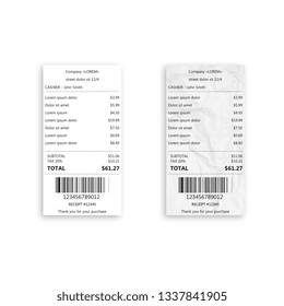 Realistic paper shop receipt with barcode. Payment paper bills for cash or credit card. Vector illustration.