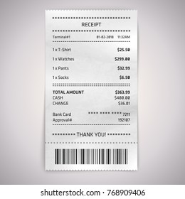 Realistic paper shop receipt with barcode. Vector shop terminal 