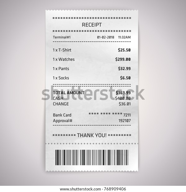 Realistic paper shop receipt with barcode. Vector shop\
terminal 