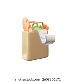 Realistic paper shopping bag with food and check payment 3D plastic style vector illustration. Cartoon container with bread and vegetables purchase. Volume carrying handle bag with nutrition