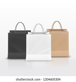 Realistic Paper shopping bag with handles set isolated on white background. Vector illustration.