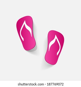 Realistic paper sticker: beach flip flops. Isolated illustration icon