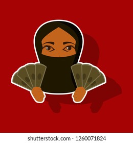 realistic paper sticker on theme Arabic business money Muslim woman