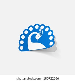 Realistic paper sticker: peacock. Isolated illustration icon
