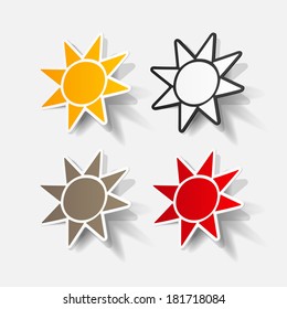 Realistic paper sticker: sun. Isolated illustration icon