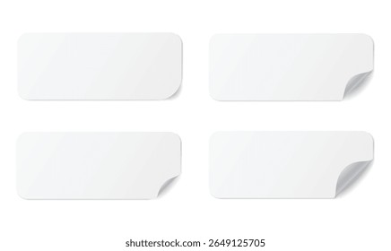 adesivos de papel realista quadrado longo com bordas arredondadas adesivo, isolado maquete de plástico arredondado, etiquetas brancas, adesivos de papel redondo com canto descascando e sombra