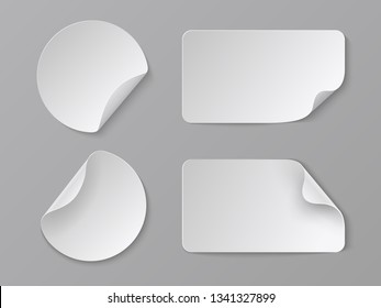 Realistic paper stickers. White adhesive round and rectangular price tags, blank fold corner paper mockup. Vector cardboard labels set