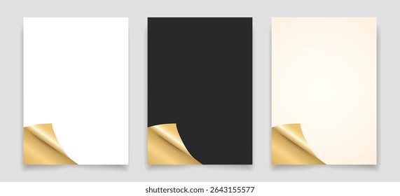 Realistic paper templates set with curled golden corners in white, black, and beige set, perfect for luxury branding, invitations, packaging design, product mockups, and business stationery.Vector 