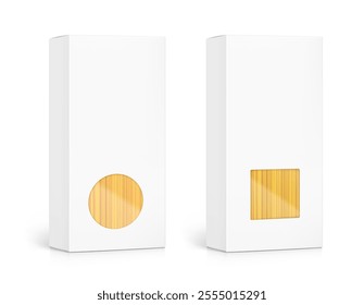 Realistic paperboard box with clear window for spaghetti mockup Perspective view. Vector illustration. Can be use for pasta food. Ready for your design. EPS10.