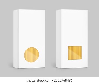 Realistic paperboard box with clear window for spaghetti mockup. Perspective view. Vector illustration isolated on grey background. Can be use for pasta food. Ready for your design. EPS10.