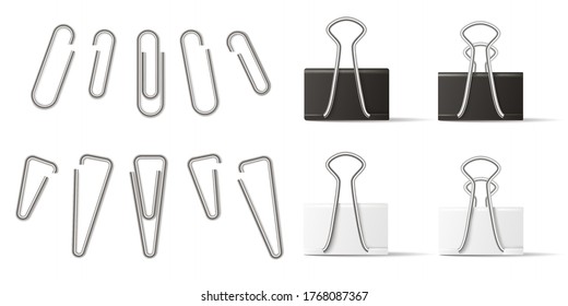 Realistic paperclip and binder for file attachment in business document. White and black paper holder isolated on white background. Steel stationery set in different shape vector illustration