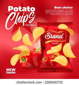 Realistic paprika flavored potato chips, snacks food package, vector template. Potato chips splash and red pack mock up with paprika pepper flavor taste, product package and advertising background