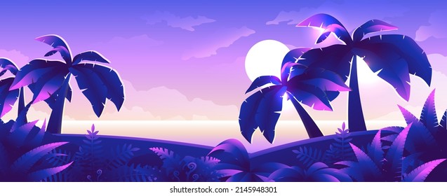 Realistic paradise summer landscape. Evening tropical island beach at sunset background.