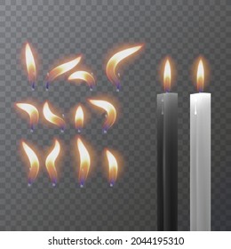 Realistic paraffin or wax burning candle and different flame of a candle, closeup isolated on transparency background. Design template, Vector illustration