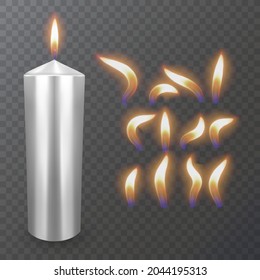 Realistic paraffin or wax burning candle and different flame of a candle, closeup isolated on transparency background. Design template, Vector illustration