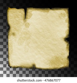 Realistic parchment texture. A piece of canvas or paper. Burnt edge. Isolated element. A damaged piece of papyrus.