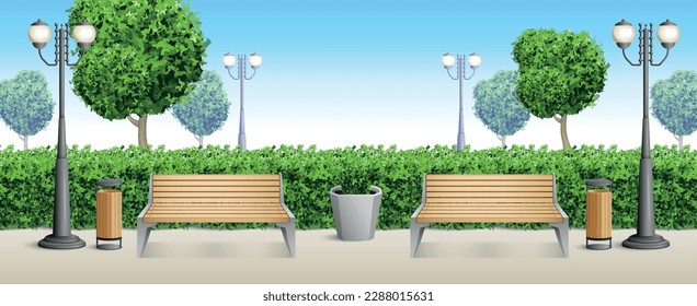 Realistic park bench background two benches for strollers set in the park among the bushes composition vector illustration