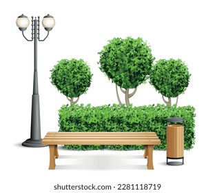 Realistic park bench composition wooden bench in the park surrounded by green bushes and trees with a trash can and a street lamp vector illustration