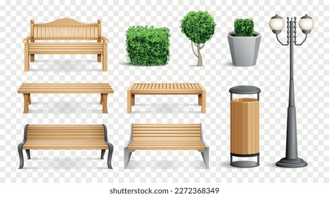 Realistic park elements set with different benches street lamp trash can bushes vector illustration