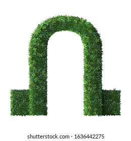 Realistic park sculpture arch. Nature green shrub fence, floral branches and evergreen leaves gate, tree crown bush foliage entrance portal vector isolated 3d illustration