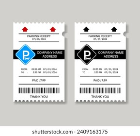 Juego de entradas de estacionamiento realista. Vector de recepción de estacionamiento para vehículos. Plantilla de papel de estacionamiento en blanco y negro y en color