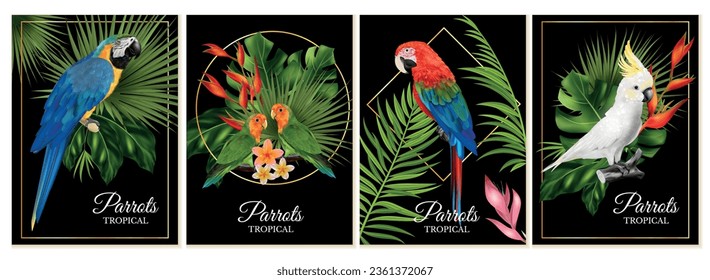 Realistic parrots set of four vertical posters with exotic birds and floral elements with ornate text vector illustration