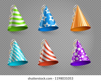 Realistic party hats vector set isolated on transparent background. Illustration of colored hat for party celebration birthday