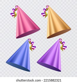 Realistic party hats vector set isolated on white background. Illustration of colored hat for party celebration birthday