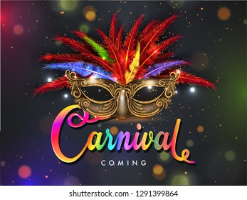 Realistic party mask decorated with colorful feather and text carnival on bokeh background for carnival party poster design.