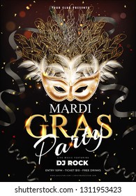 Realistic party mask illustration with shiny text mardi gras and ribbons for carnival party flyer design.