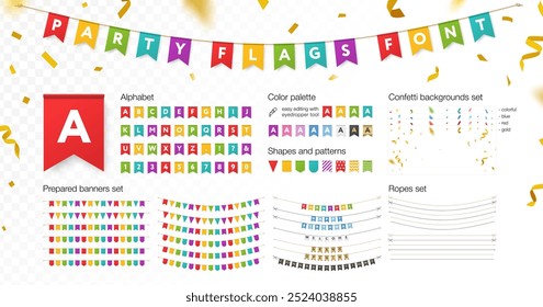 Realistic party paper flag font, banner, gold confetti, ropes set. Fun event celebration bunting mockup, Happy Birthday garland, Carnival concept. Transparent isolate background. Vector design element