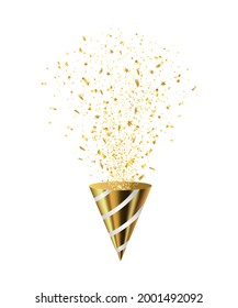 Realistic party popper exploding with shiny golden serpentine vector illustration