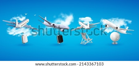 Realistic passenger airplane mock up, airliner on blue sky. Modern aircraft flight isolated on blue background. 3d airplane transport design. Vector illustration