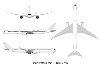 realistic passenger airplane. view from above; front view; side view.