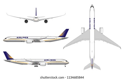 realistic passenger airplane. view from above; front view; side view.