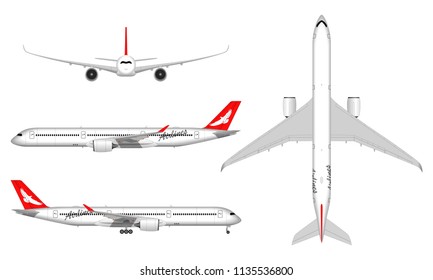 realistic passenger airplane. view from above; front view; side view.