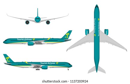 realistic passenger airplane. view from above; front view; side view.