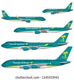 realistic passenger airplanes set. side view.