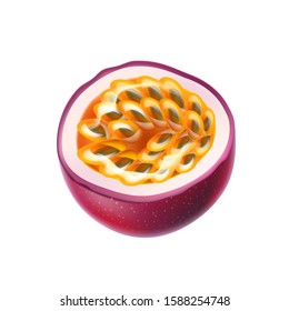 Realistic passionfruit slice with seeds Fresh exotic fruit for healthy dieting. Juicy raw tropical fruit with yellow seeds. Vector purple fruit full of vitamins.