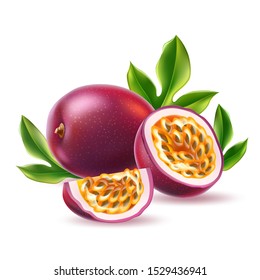 Realistic passionfruit with slices, seeds and green leaves. Fresh exotic fruit for healthy dieting. Juicy raw tropical fruit with yellow seeds. Vector purple fruit full of vitamins.
