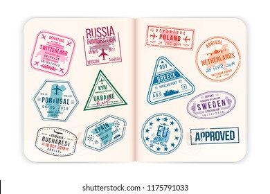 Realistic passport pages with visa stamps. Open foreign passport with custom visa stamps. Travel concept to Europe countries. Vector