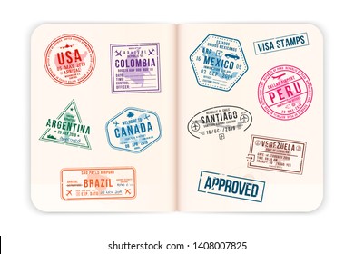 Realistic passport pages with visa stamps. Opened foreign passport with custom visa stamps. Travel concept to American countries. Vector